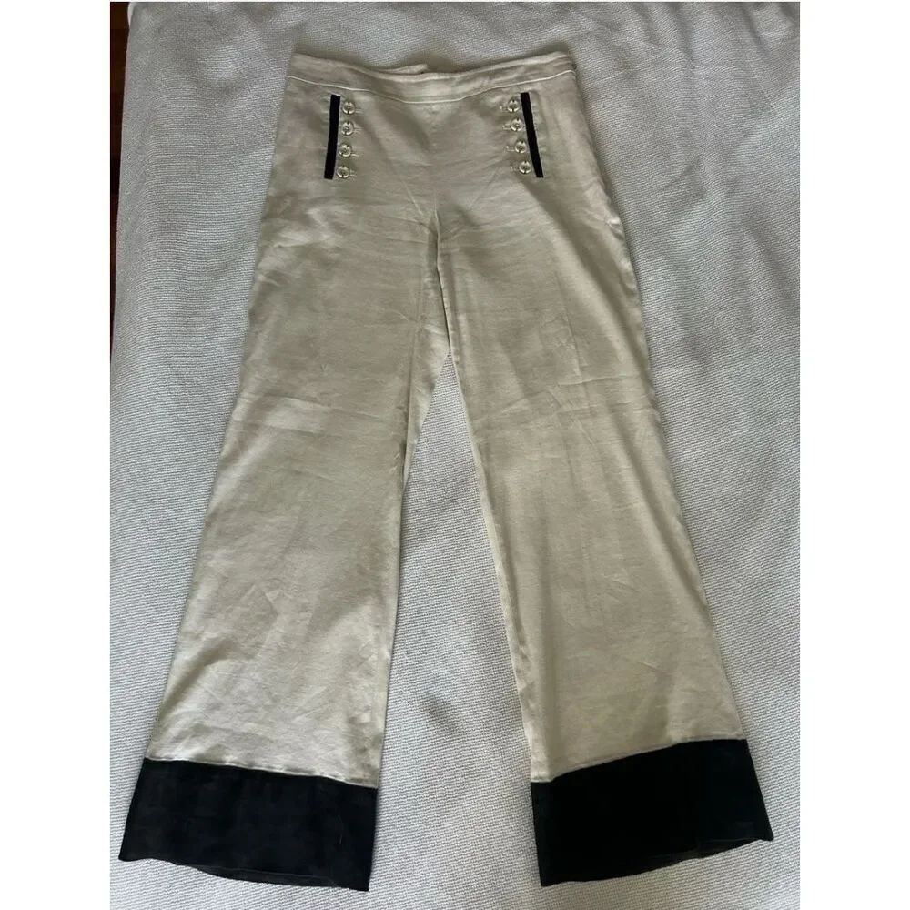 Leifsdottir Wide Leg Linen Pants Cream w/ Black Contrast Cuffs